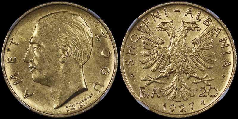 ALBANIA: 20 Franga Ari (1927 R) in gold (0,900). Head of Zog I facing left on ob...