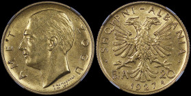 ALBANIA: 20 Franga Ari (1927 R) in gold (0,900). Head of Zog I facing left on obverse. Double-headed imperial eagle divides denomination below on reve...