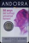 ANDORRA: 2 Euro (2020) in bi-metal commemorating the 50 years of universal female suffrage. Inside official coincard with no "23440". Brilliant Uncirc...