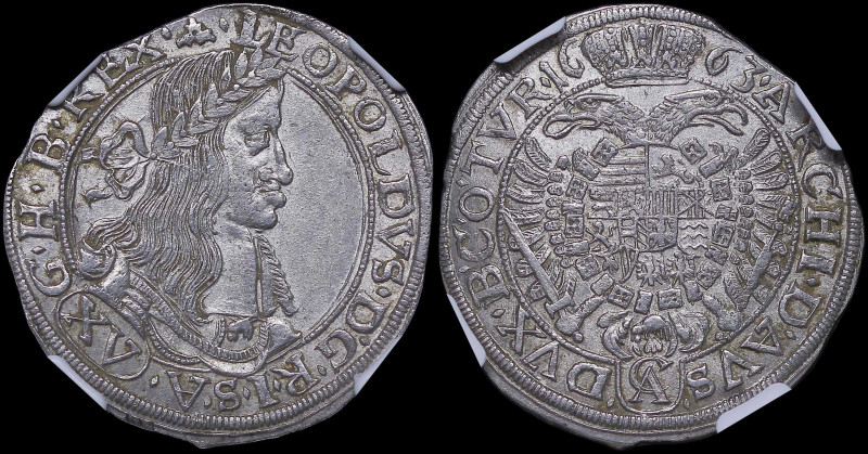 AUSTRIA: 15 Kreuzer (1663 CA) in silver. Laureate bust of Leopold I facing right...