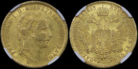 AUSTRIA: 1 Ducat (1863 B) in gold (0,986). Head of Ferdinand I facing right on obverse. Crowned imperial double-headed eagle on reverse. Inside slab b...