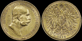 AUSTRIA: 10 Corona (1909) in gold (0,900). Head of Franz Joseph I facing right on obverse. Crowned double-headed eagle, date and value at bottom on re...