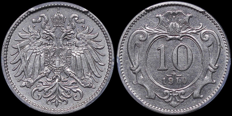 AUSTRIA: 10 Heller (1910) in nickel. Crowned imperial double-headed eagle on obv...