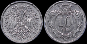 AUSTRIA: 10 Heller (1910) in nickel. Crowned imperial double-headed eagle on obverse. Value above date at center of ornate shield on reverse. Inside s...