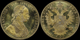 AUSTRIA: Restrike of 4 Ducat (1915) in gold (0,986). Laureate armored bust of Franz Joseph I facing right on obverse. Crowned imperial double-headed e...