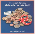 AUSTRIA: Euro coin set (2002) composed of 1, 2, 5, 10, 20 & 50 Cent and 1 & 2 Euro. Inside official blister. (KM MS11). Brilliant Uncirculated.
