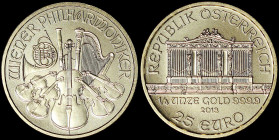 AUSTRIA: 25 Euro (2013) in gold (0,999) commemorating the Vienna Philharmonic. The Golden Hall organ on obverse. Musical instruments on reverse. (KM 3...