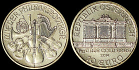 AUSTRIA: 10 Euro (2014) in gold (0,999) commemorating the Vienna Philharmonic. The Golden Hall organ on obverse. Musical instruments on reverse. (KM 3...
