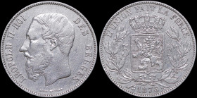 BELGIUM: 5 Francs (1873) in silver (0,900). Head of Leopold II facing left on obverse. Crowned arms on ornate shield divide denomination, wreath surro...