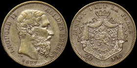 BELGIUM: 20 Francs (1877) in gold (0,900). Head of King Leopold II with finer beard facing right on obverse. Coat of arms on reverse. (KM 37). About U...