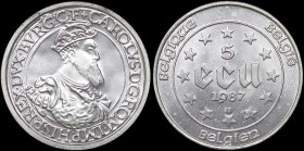 BELGIUM: 5 Ecu (1987) in silver (0,833) commemorating the 30th Anniversary of the Treaty of Rome. Denomination, date and stars within circle on obvers...