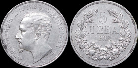 BULGARIA: 5 Leva (1892 KB) in silver (0,900). Head of Ferdinand I facing left on obverse. Denomination within wreath on reverse. Black spots. (KM 15) ...