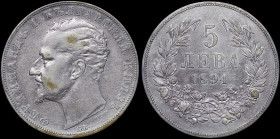 BULGARIA: 5 Leva (1894 KB) in silver (0,900). Head of Ferdinand I facing left on obverse. Denomination within wreath on reverse. Environmental damage....