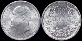 BULGARIA: 50 Stotinki (1912) in silver (0,835). Head of Ferdinand I facing left on obverse. Denomination above date within wreath on reverse. Inside s...