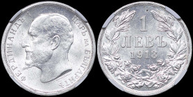 BULGARIA: 1 Lev (1913) in silver (0,835). Head of Ferdinand I facing left on obverse. Denomination above date within wreath on reverse. Inside slab by...