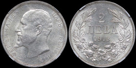 BULGARIA: 2 Leva (1913) in silver (0,835). Head of Ferdinand I facing left on obverse. Denomination above date within wreath on reverse. Inside slab b...