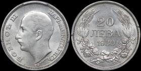 BULGARIA: 20 Leva (1930 BP) in silver (0,500). Head of Boris III facing left on obverse. Denomination above date within wreath on reverse. Inside slab...