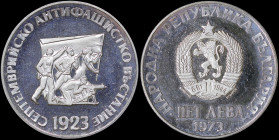 BULGARIA: 5 Leva (1973) in silver (0,900) commemorating the 50th Anniversary of Anti-fascist Uprising of September 9, 1923. National arms and date bel...