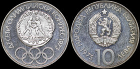 BULGARIA: 10 Leva (1975) in silver (0,900) commemorating the 10th Olympic Congres. National arms above date and denomination on obverse. Old coin abov...