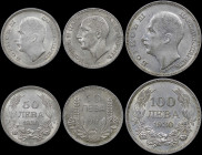BULGARIA: Lot of 3 coins in silver (0,500) composed of 50 Leva (1930 BP), 50 Leva (1934) & 100 Leva (1930 BP). Head of Boris III facing left on obvers...