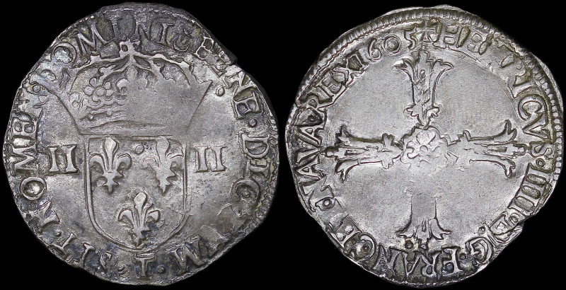 FRANCE: 1/4 Ecu (1605 T) in silver. Cross with lis on obverse. Crowned coat of a...