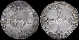 FRANCE: 1/4 Ecu (1605 T) in silver. Cross with lis on obverse. Crowned coat of arms of France on reverse. Like KM# 30 but from Nantes Mint. (KM Unlist...