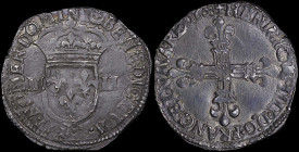 FRANCE: 1/4 Ecu [1608 T(?)] in silver. Cross with lis on obverse. Crowned coat of arms of France on reverse. Probably Nantes Mint. Like KM#30 but othe...