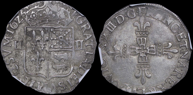 FRANCE: 1/4 Ecu (1625 F) in silver (0,917). Crowned shield of France, Navarre an...