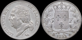 FRANCE: 5 Francs (1822 A) in silver (0,900). Head of Louis XVII facing left on obverse. Crowned arms divide denomination within wreath on reverse. Str...