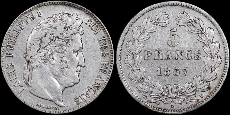 FRANCE: 5 Francs (1837 B) in silver (0,900). Laureate head of Louis Philippe I f...