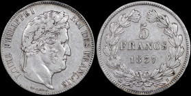 FRANCE: 5 Francs (1837 B) in silver (0,900). Laureate head of Louis Philippe I facing right on obverse. Mint marks at edge outside wreath on reverse. ...