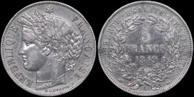 FRANCE: 5 Francs (1849 A) in silver (0,900). Head of Liberty with grain wreath facing left on obverse. Denomination within wreath on reverse. Cleaned ...