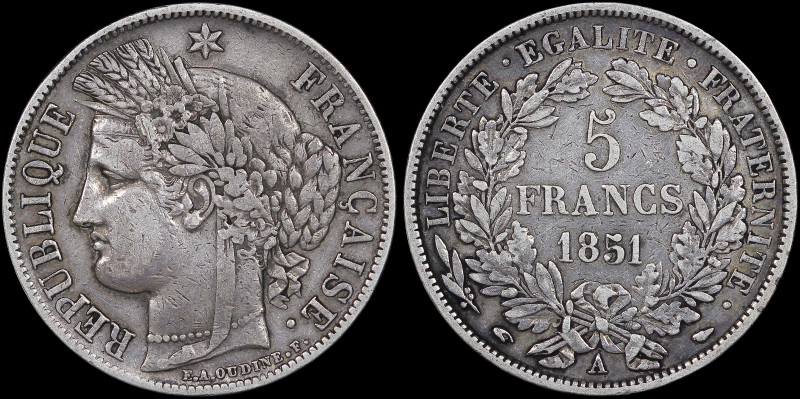 FRANCE: 5 Francs (1851 A) in silver (0,900). Liberty head with grain wreath faci...