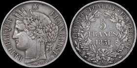 FRANCE: 5 Francs (1851 A) in silver (0,900). Liberty head with grain wreath facing left on obverse. Denomination within wreath on reverse. (KM 761.1)....