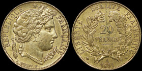 FRANCE: 20 Francs (1851 A) in gold (0,900). Head of Liberty with oak leaf wreath facing right on obverse. Denomination within wreath on reverse. Black...