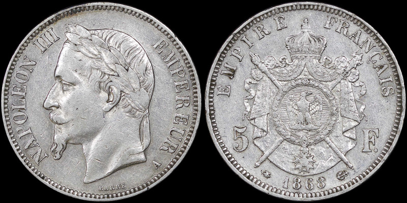 FRANCE: 5 Francs (1868 A) in silver (0,900). Laureate head of Napoleon III facin...