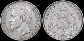 FRANCE: 5 Francs (1868 A) in silver (0,900). Laureate head of Napoleon III facing left on obverse. Crowned and mantled arms divide denomination on rev...