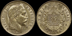 FRANCE: 20 Francs (1869 BB) in gold (0,900). Laureate head of Napoleon III facing right on obverse. Crowned and mantled arms divide denomination on re...