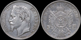 FRANCE: 5 Francs (1870 BB) in silver (0,900). Laureate head of Napoleon III facing left on obverse. Crowned and mantled arms divide denomination on re...