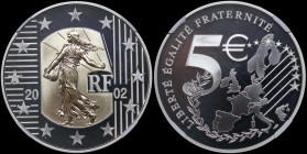 FRANCE: 5 Euro (2002) bi-metallic [silver (0,900) & gold (0,750)]. The Seed Sower on obverse. Map of the countries of the European Union in 2002 on re...