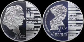 FRANCE: 1- 1/2 Euro (2005) in silver (0,900) commemorating the 195th Anniversary of the birth of Frederic Chopin. Chopin at left and piano keys at rig...