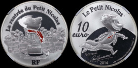 FRANCE: 10 Euro (2014) in silver (0,900) commemorating the Petit Nicolas - la rentree. Little Nicolas walking and wearing a red tie on obverse. The fa...