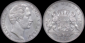 GERMAN STATES / BAVARIA: 2 Gulden (1849) in silver (0,900). Head of Maximilian II facing right on obverse. Crowned arms with supporters on reverse. (K...