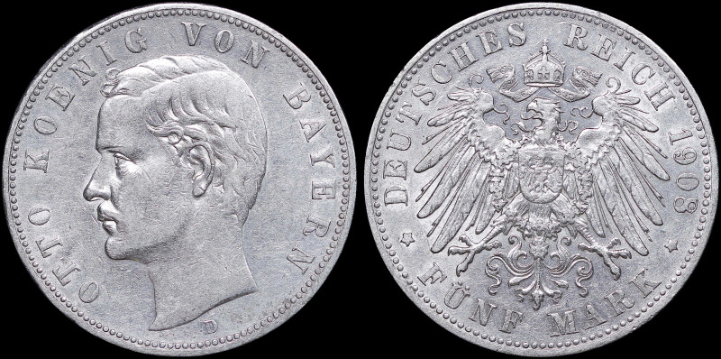 GERMAN STATES / BAVARIA: 5 Mark (1908 D) in silver (0,900). Head of King Otto fa...