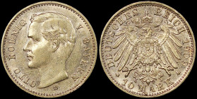 GERMAN STATES / BAVARIA: 10 Mark (1909 D) in gold (0,900). Head of King Otto facing left on obverse. Crowned imperial German eagle on reverse. (KM 994...