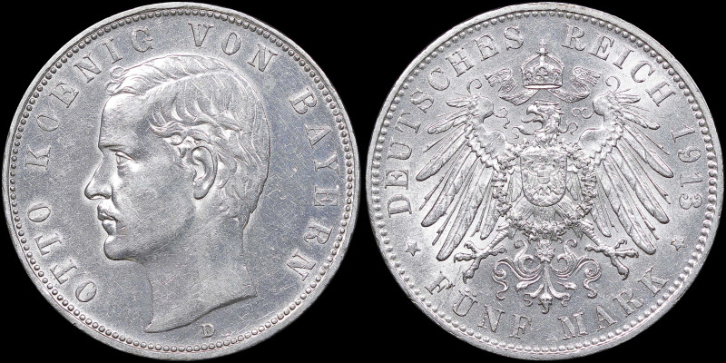 GERMAN STATES / BAVARIA: 5 Mark (1913 D) in silver (0,900). Head of King Otto fa...