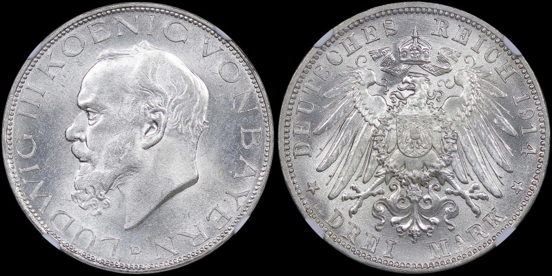 GERMAN STATES / BAVARIA: 3 Mark (1914 D) in silver (0,900). Head of Ludwig III f...