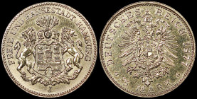 GERMAN STATES / HAMBURG: Counterfeit coin of 5 Mark (1877 J) in gold (0,900). Helmeted coat of arms with lion supporters on obverse. Crowned imperial ...
