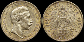 GERMAN STATES / PRUSSIA: 20 Mark (1895 A) in gold (0,900). Head of King Wilhelm II facing right on obverse. Crowned imperial eagle (type III) on rever...