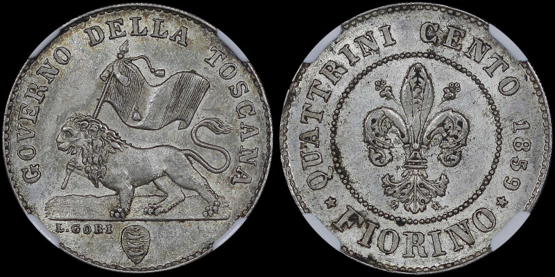 ITALIAN STATES / TUSCANY: 1 Fiorino (1859) in silver (0,917). Lion holding flag,...